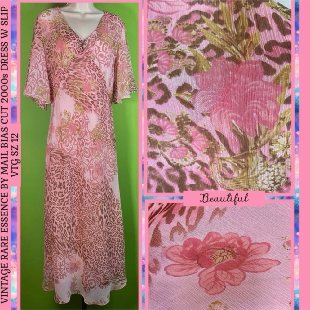 VTG Y2K 12 ESSENCE BY MAIL PINK ANIMAL PRINT/FLORAL MAXI DRESS BIAS CUT W SLIP